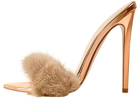 Only maker Damen Pantoletten Plüsch Sandaletten Satin Fur Stiletto Absatz Sandalen High Heels