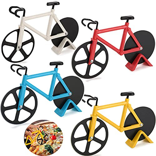 Dicunoy 4 Pieces Bicycle Pizza Cutter Wheel, Stainless Steel Pizza Slicer, Non-Stick Bike Pizza Cutting with Stand for Pizza Lovers, Holiday Vacation Housewarming Kitchen Gadget Cool Men's Gift