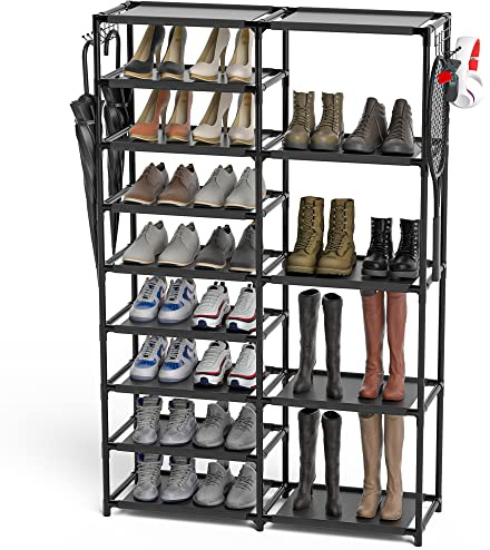 CSXGBAB Tall Garage Shoe Rack Large Capacity,Two Rows Versatile Hooks Storage Boot Shelf Black 24-35 Pairs