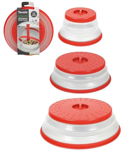 Tovolo Set mit drei faltbaren Mikrowellenabdeckungen, Deckel zum Aufwärmen von Lebensmitteln, Küchenhelfer, kein Durcheinander, faltbar, mikrowellengeeignet, Süßigkeiten-Apfelrot