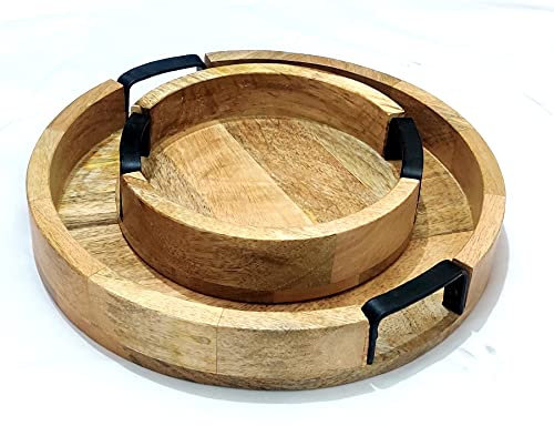 Handmade Mango Wood Round Serving Tray Vintage Look Tray with Handle Decorative Nesting Food, Platters for Breakfast, Coffer Table/Butler Pack of 2