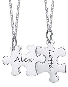 Personalised Best Friend Necklace - Customised Stainless Steel Puzzle Name BFF Necklace for 2, Silver Jigsaw Matching Necklaces for Women Girls, Friendship Necklaces Gifts for Birthday Christmas
