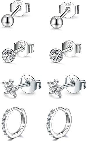 GULICX Klein Creolen Silber 925 Damen Ohrstecker Ohrringe, 4Paare 925 Sterling Silber Schlafen Ohrstecker & Creolen Ohrringe Set für Damen Mädchen