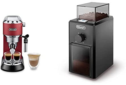 De'Longhi Dedica Style, Machine expresso pour préparer des boissons café et lactées, Rouge & KG79 Moulin Electrique, Broyeur pour Grains de Café avec Réservoir d'une Capacité de 120 g, Noir