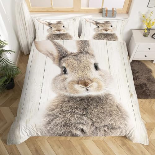 Brown Rabbit Duvet Cover Rustic Farmhouse Wooden Background Bedding Set Double Cute Woodland Animal Comforter Cover For Kids Boys Girls,Wild Bunnies Quilt Cover With Zipper 3 Pcs