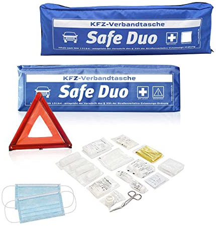 2 Stück Kfz-Verbandstasche Safe Duo blau | Verbandstoffe neuste Norm 13164:2022-02 | Euro Warndreieck | Verbandskasten für Auto
