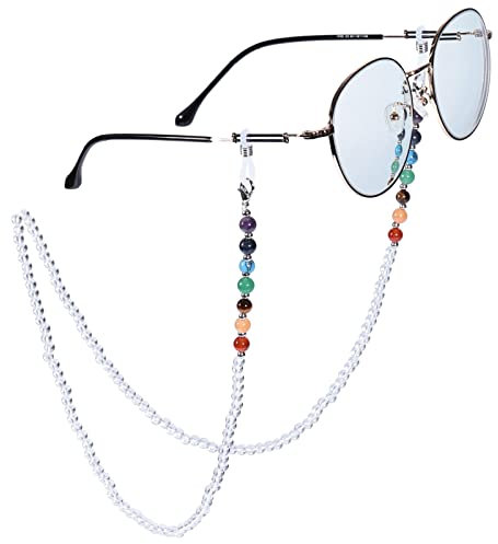 Nupuyai 7 Chakra Stein Perlen Brillenkette Damen Kristall Sonnenbrillenkette Gesichtsmaske Kette Edelstein Brillenband Brillenkordel Brillenhalter für Lesebrillen, Myopiebrille Bergkristall