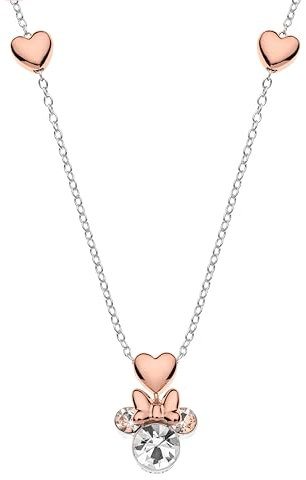 Disney Minnie Mouse Silber Halskette für Mädchen, Zweifarbige Herzen aus Roségold mit Zirkonia, Schmuck