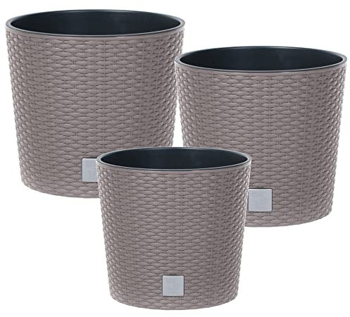 botle Innen & Außenbereich Set 3X Blumentopf Rund Rattan H 19 22 27 cm Mokka mit Pflanzeinsatz Rund