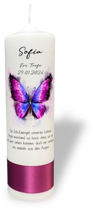 Taufkerze mit Schmetterling in Pink und Lila