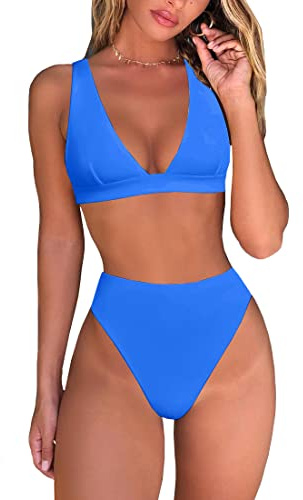 Fatty Tiger Womens High Waisted Thong Bikini Sets Sexy Brazilian Triangle Top Deep V Neck Two Piece Swimsuit Bathing Suits, Baby Blue, S
