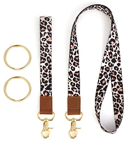 2 Pieces ID Lanyard, Keychain Lanyard Neck Lanyard Breakaway Lanyard and Wristlet Keychain Holder with 2 Keyrings for Car Keys ID Badges Card Holder Wallet Office Name Badge Leopard
