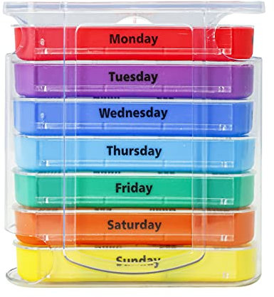 Tablettenbox 7 Tage Morgens Mittags Abends, Medikamentenbox 7 Tage 4 Fächer, Pillendose 7 Tage Klein, Pillenbox für Vitamin und Fischöl, Tablettendose für Unterwegs, Tabletten Wochenbox (Bunt)