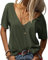 Tankaneo Damen Mode tief V-Ausschnitt Kurze Ärmel Tops Solide Lässig Lose Basic T Shirt Dunkelgrün L