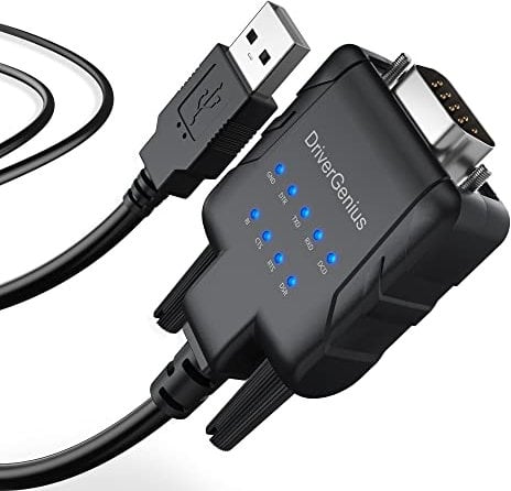 DriverGenius USB232A-E-A | Adaptateur USB vers RS232 Série (DB9) avec 9 x LEDs de Surveillance - pour La Programmation PLC, La Collecte De Données | Compatible avec Windows 11, macOS 15