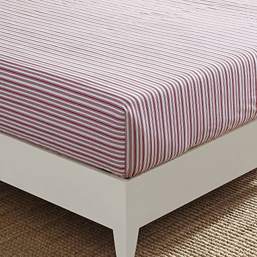 Nautica Queensize-Spannbetttuch, Baumwoll-Perkal-Bettwäsche, lässige Heimdekoration (Coleridge Stripe Red, Queen)