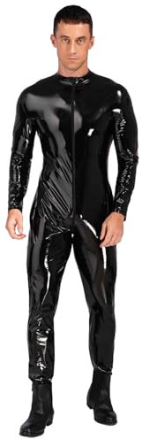 Freebily Herren Wetlook Catsuit Lackleder Body Jumpsuit Latex Ganzkörperanzug mit Reißverschluss Party Nachtclub Kostüm Schwarz 5XL