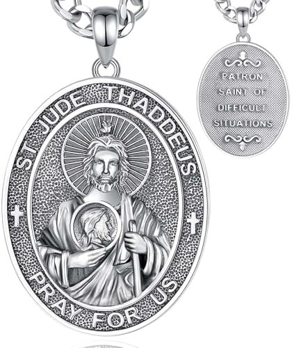 INFUSEU Collar San Judas, Plata De Ley 925 Medalla Pagana Católica Colgante De Patrón Cristiana Protección Angelical Religiosa Protección Divina Joyería Amuleto Regalos para Hombres Y Mujeres