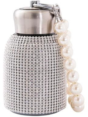 Ceramoon Bling Insulated Water Bottle Double Wall Stainless Steel Vacuum Flask with Glitter Rhinestones Diamond 10 oz Keep Cold Water Bottle with Pearls Bracelet Handle (Silver Diamond)