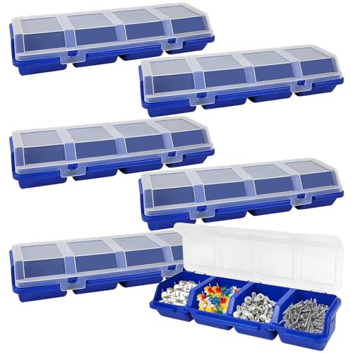 Lot de 6 bacs de rangement à vis avec couvercles, empilables en plastique pour garage, ongles, outils, armoire, établi et tiroirs avec compartiment, bleu