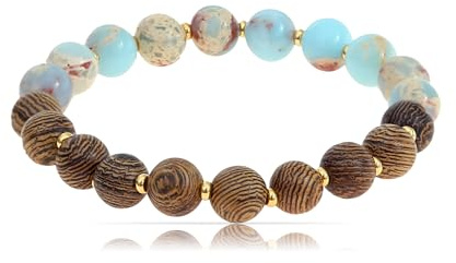 Made by Nami Edelstein Chakra Armband Damen aus Steinen Geschenke für Frauen (Holz/Blau)