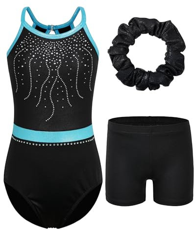 ZNYUNE Mädchen Turnanzug mit hose Haarband Set gymnastikanzug Kinder Shorts trikot turnen Ärmellos/Langarm Kleidung klassisch Turnbody B350 BlackAqua 8A
