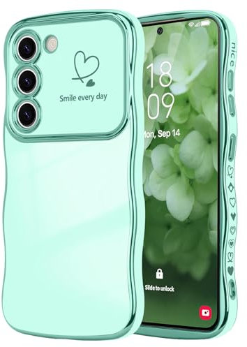 LCHULLE Coque Compatible avec Samsung Galaxy S23 Motif Coeur Housse Portable Forme Ondulée Bouclée avec Protection de Caméra Galvanisé Coque pour Samsung Galaxy S23 Vert Clair