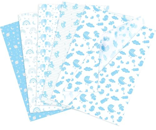 Larcenciel Seidenpapier 50 Blatt, Blau Seidenpapier Verpackungsmaterial mit Sterne Elefanten Trojaner Muster, Pastell Packseide Jungen-Design Geschenkpapier für Baby Shower, Party, Taufen (50x35cm)