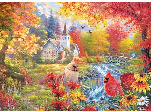 RoseArt - Abraham Hunter Korkpuzzle - Abgeschiedene Kirche im Herbst - 1000 Teile Puzzle für Erwachsene