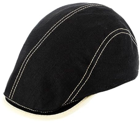 fiebig Brighton Flatcap aus Leinen | Schirmmütze mit Baumwollfutter | Schiebermütze mit Kontrastnähten (60-XL, schwarz)