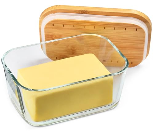 HEKEIEON Glass Butter Dish With Bamboo Sealed Lid - Large Tray for Refrigerator and Outdoor Use，Butter dish glass，Glass Butter Keeper，Keep butter fresh - Dishwasher Safe