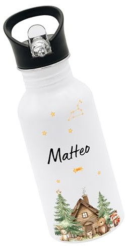 Bärenfreunde® - Personalisierte Trinkflasche Kinder Edelstahl [ 500ml ] - Robuste Trinkflasche mit Namen - Wasserflasche mit Trinkhalm - Personalisierte Geschenke für Kinder (Waldtiere)