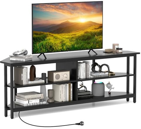 GYMAX TV Eckschrank, Lowboard für 65-Zoll-Fernseher, Fernsehschrank mit Steckdose, TV-Kommode mit 4 offenen Ablagefächern, Eckkonsole für Wohnzimmer & Schlafzimmer, 140 x 39 x 48 cm (Schwarz)