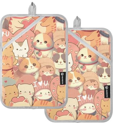 Presine da cucina resistenti al calore, motivo San Valentino, gatti, cuori, presine, con tasca, guanti da forno, confezione da 2