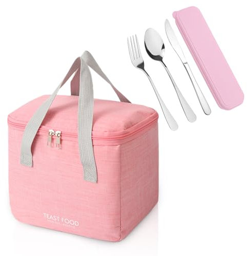 DIYJEP Bolsa Térmica Porta Alimentos con 3 Cubiertos de Acero Inoxidable, Bolsas Térmicas Portatil para Hombres Mujeres, Impermeable Nevera Portatil Pequeña para Trabajo Clase Viajes Salidas (Rosa)