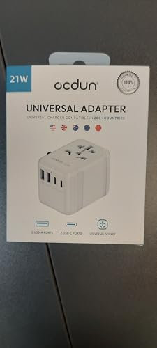 ocdun Universal Travel Adapter, International Plug Adapter with 2 USB-C and 2 USB Ports, Worldwide All-in-One Plug Adaptor for EU, UK, USA, Australia, and More (White, 21W)