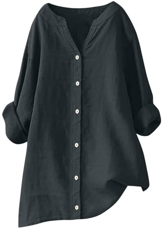 RLEHJN Chemisier Coton Et Lin pour Femmes T-Shirt À Manches Longues Boheme Col V Boutonné Shirt Basique Casual Tuniques Blouse Lâche Respirant T-Shirts Vetement Femme Ete Solde Cadeau Pas Cher