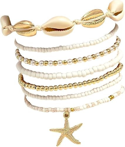 Guyode 7 Stück Muschel Armband, Muschel Schmuck, Boho Seestern Armband Mädchen, Sommer Strand Fußkettchen für Damen, Mehrschicht Armkette Damen, Personalisiertes Sea Band