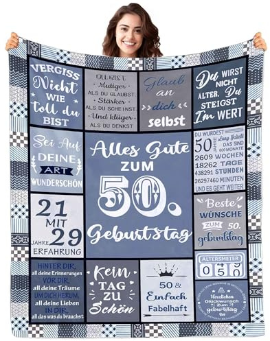 ZUCZUG Kuscheldecke Geschenke zum 50 Geburtstag Frau Mann Decke | 50. Geburtstags Deko Blau 150X200 für Schwester Beste Freundin Kollegin