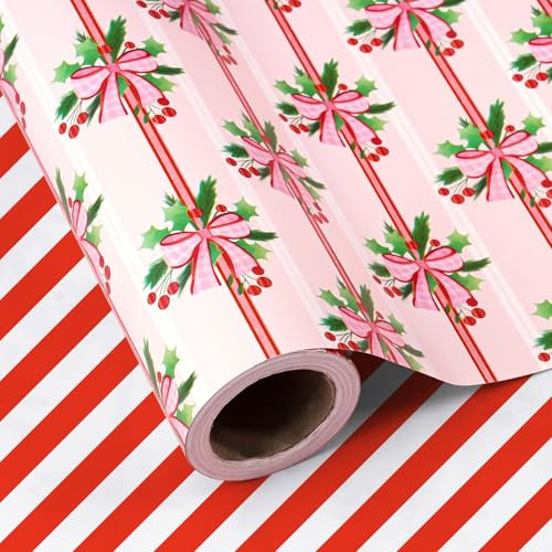 RUSPEPA Wendbares Weihnachtsgeschenkpapier – Mini-Rolle – 43,2 cm x 10 m – Stechpalmen-Geschenkpapier mit roter Schleife für Weihnachten, Partys und Feiern