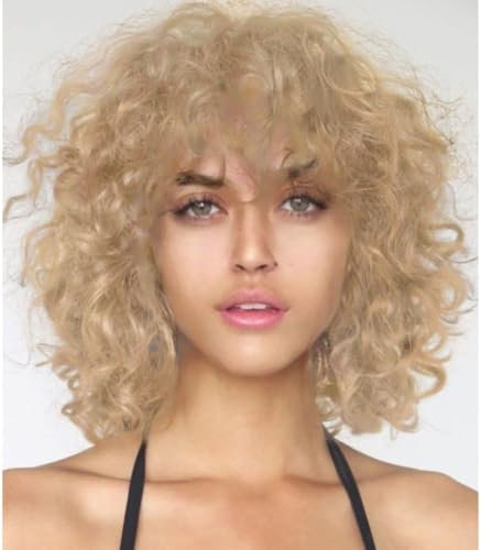 Siudus Blond Kurze Lockige Perücke für Frauen mit Pony Bob Schulterlänge Naturel Kunsthaar Perücken für Daliy Party Gebrauch