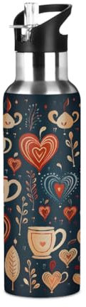Mexpekil 600ml Stainless Steel Water Bottle with Straw Lid, Coffee Heart Double Wall Insulated Drinks Bottle, Leakproof Thermal Flask for Adult Women Men