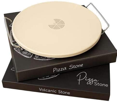 Pizzastein 30 cm rund mit Griffen – für Ofen & Grill – Pizza wie aus dem Steinofen – inkl. Edelstahl-Griffe & Geschenkverpackung, Backstein für knusprige Pizza