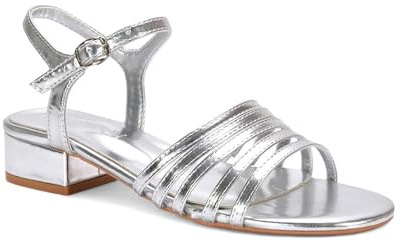 ESSEX GLAM Women's Strappy Ankle Strap Sandals Ladies Chunky Low Heel Buckle Silver Metallic Open Toe Shoes Size 4