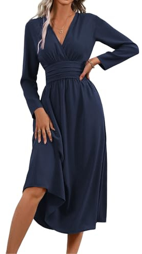 LIAMERHE Damen Langarm V-Ausschnitt Winterkleid Elegant Lang Kleider Herbst Freizeitkleider Plissee Hohe Taille Lässiges Kleid Boho Stil A-Linie Strandkleid Frühling Marineblau S