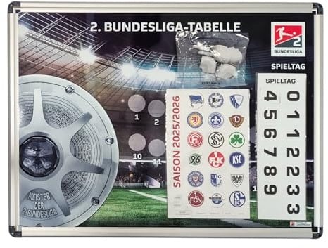 Am Ball Com Magnettafel 2. Bundesliga – Saison 2025/26 – Vorjahresversion – 63x42 cm mit Metallrahmen & Aufhängevorrichtung – Magnet Ranking Board mit 18 Vereinslogos & Spieltag Magneten