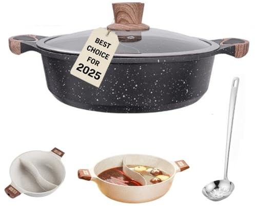 Saucepan with Divider, Double Flavor Split Cooking Pot with Soup Ladle for Gas Stove & Hot Burner, Dual Cooking Pan with Glass Lid, Home Cookware Non-stick Shabu Shabu Pot(9.5in black)