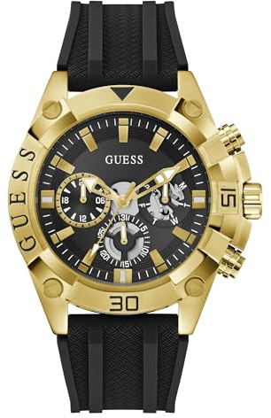 Guess Prospect Herren Uhr 46 mm Edelstahl – Quarz Analog Armbanduhr Silikonarmband Schwarz, Sportuhr Herrenuhr Schwarz mit Datum Leuchtzeiger, 5 bar GW1060G2