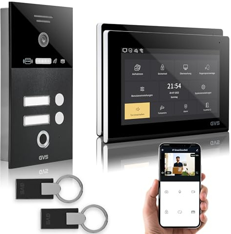 GVS Video Türsprechanlage 2-Familienhaus - RFID + Fingerprint - 2X 7 Zoll | Smarte Video Türklingel mit Kamera und Monitor & App - Gegensprechanlage mit Türöffner, RFID & Fingerprint (AVS5288U)