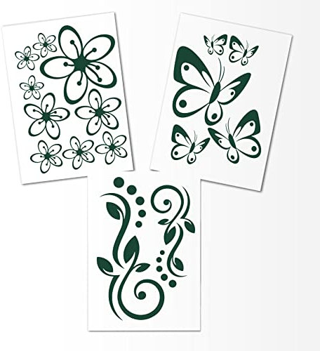Hibiskus Schmetterling Blüten Ornament SET I - dunkelgrün - 30x21cm - Wall Sticker Wandtattoo Wandaufkleber - Dekoration, Küche, Wohnzimmer, Schlafzimmer, Badezimmer